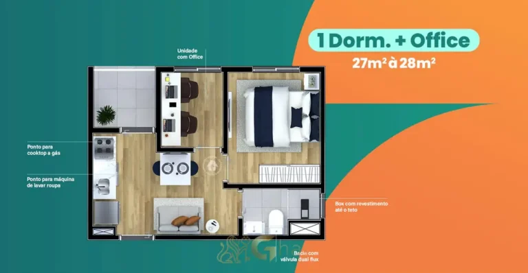 Planta do apartamento 1 dormitório + office de 28 m² em condomínio residencial no bairro do Ipiranga, na Zona Sul de São Paulo