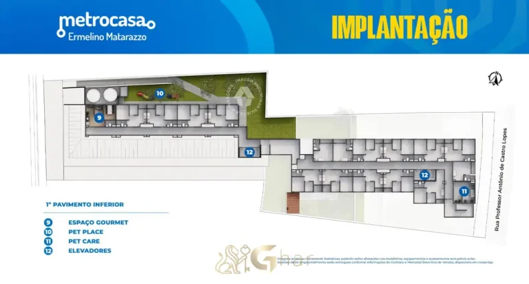 Planta de implantação do 1º pavimento inferior em apartamentos no bairro de Ermelino Matarazzo, São Paulo