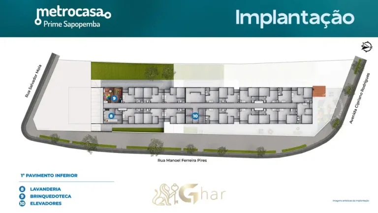 Planta de implantação do 1º pavimento inferior em apartamentos no bairro de Sapopemba, São Paulo