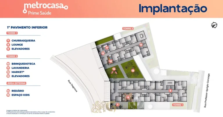 Planta de implantação do 1° pavimento inferior em apartamentos no bairro da Saúde, São Paulo