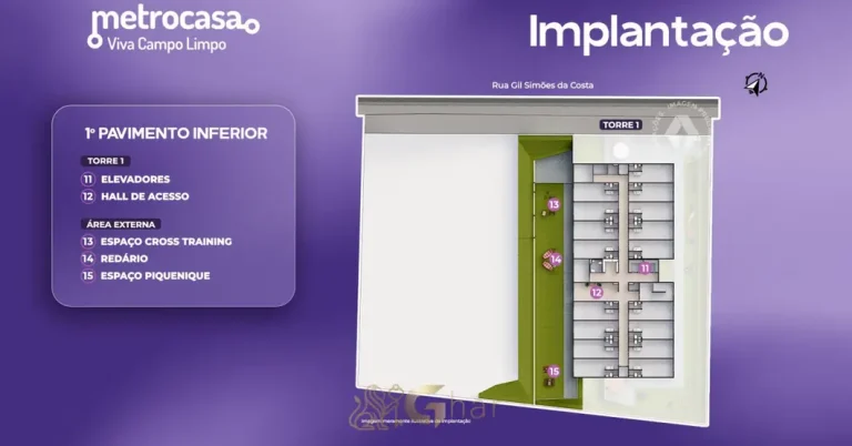 Planta de implantação do 1° pavimento inferior em apartamentos no bairro do Campo Limpo, São Paulo