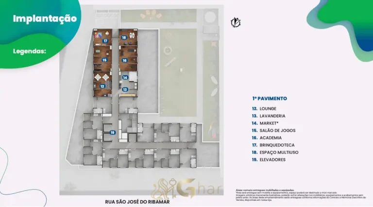 Planta de implantação do 1º pavimento em condomínio residencial no bairro do Cangaíba, na Zona Leste de São Paulo