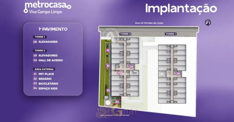 Planta de implantação do 1° pavimento do condomínio Metrocasa Viva Campo Limpo no bairro do Campo Limpo, São Paulo
