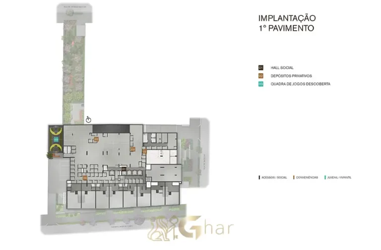 Planta de implantação do 1º pavimento do condomínio YBY Ibirapuera Urban Home no bairro do Ibirapuera, São Paulo