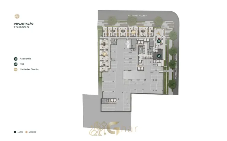 Planta de implantação do 1º subsolo em apartamentos no bairro do Brooklin, São Paulo