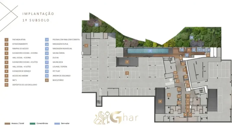 Planta de implantação do 1º subsolo em condomínio residencial no bairro do Ibirapuera, na Zona Sul de São Paulo