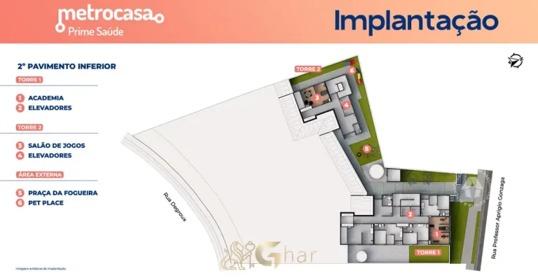 Planta de implantação do 2° pavimento inferior do condomínio Metrocasa Prime Saúde no bairro da Saúde, São Paulo