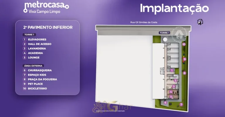 Planta de implantação do 2° pavimento inferior do condomínio Metrocasa Viva Campo Limpo no bairro do Campo Limpo, São Paulo