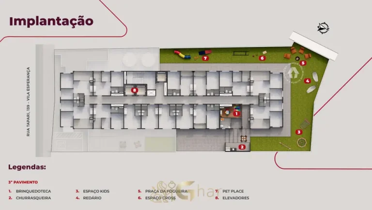 Planta de implantação do 3º pavimento de lazer em apartamentos no bairro da Vila Guilhermina, São Paulo