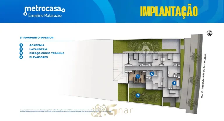 Planta de implantação do 3º pavimento inferior em condomínio residencial no bairro de Ermelino Matarazzo, na Zona Leste de São Paulo