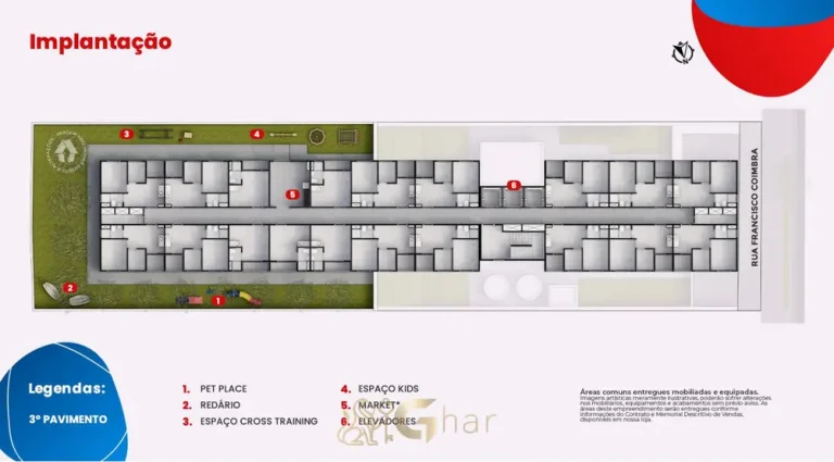 Planta de implantação do 3º pavimento do condomínio Metrocasa Penha de França no bairro da Penha, São Paulo