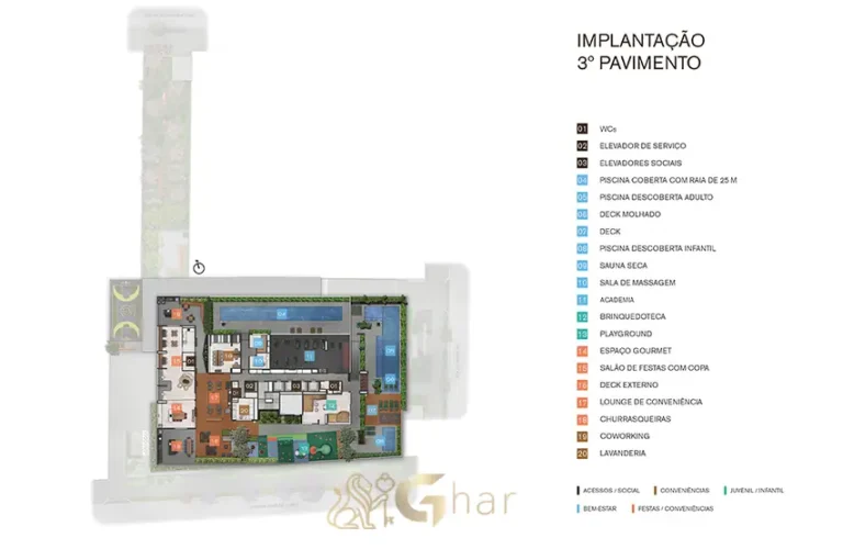 Planta de implantação do 3º pavimento em condomínio residencial no bairro do Ibirapuera, na Zona Sul de São Paulo