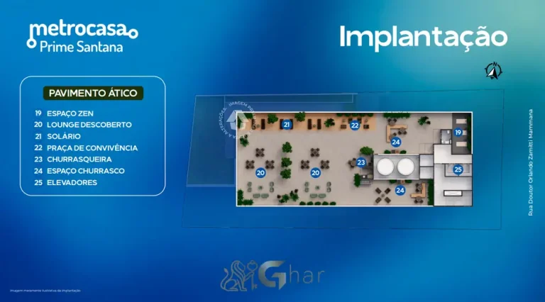 Planta de implantação do ático/rooftop do condomínio Metrocasa Prime Santana no bairro do Mandaqui, São Paulo