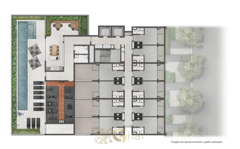 Planta de implantação da área de lazer em apartamentos no bairro do Brooklin, São Paulo