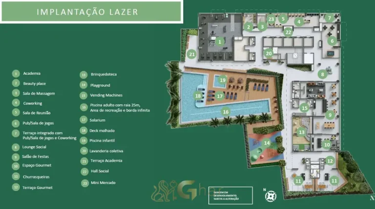 Planta de implantação do pavimento de lazer em apartamentos no bairro do Ipiranga, São Paulo