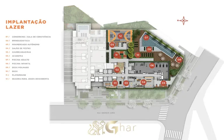 Planta de implantação da área de lazer em apartamentos no bairro da Pompéia, São Paulo