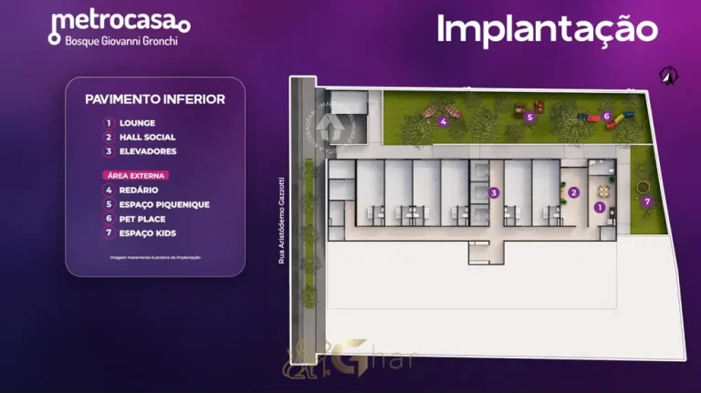 Planta de implantação do pavimento inferior do condomínio Metrocasa Bosque Giovanni Gronchi no bairro da Vila das Belezas, São Paulo