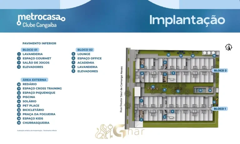 Planta de implantação do pavimento inferior do condomínio Metrocasa Clube Cangaíba no bairro do Cangaíba, São Paulo