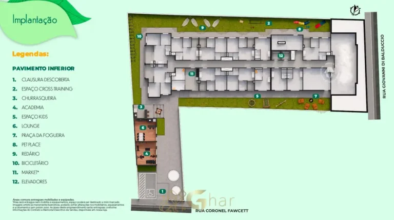 Planta de implantação do pavimento inferior do condomínio Metrocasa Jardim Botânico no bairro do Cursino, São Paulo