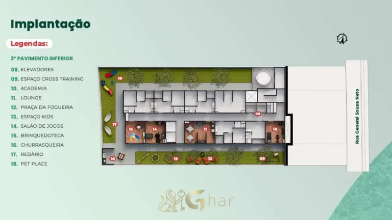 Planta de implantação do pavimento inferior em apartamentos no bairro da Penha, São Paulo