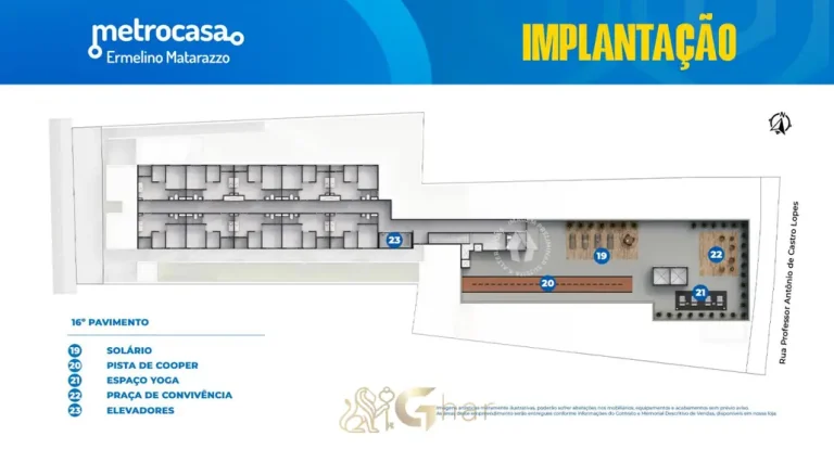 Planta de implantação do rooftop no 16º pavimento do condomínio Metrocasa Ermelino Matarazzo no bairro de Ermelino Matarazzo, São Paulo
