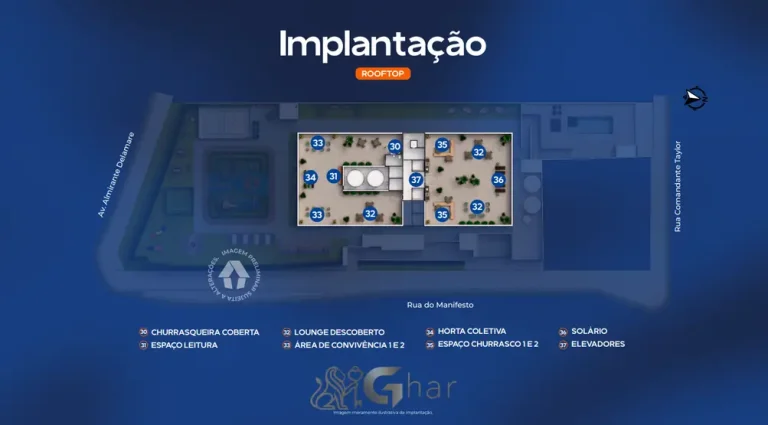 Planta de implantação do rooftop do condomínio Metrocasa Clube Ipiranga no bairro do Ipiranga, São Paulo