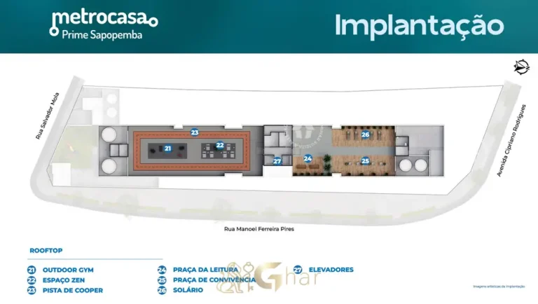 Planta de implantação do rooftop do condomínio Metrocasa Prime Sapopemba no bairro de Sapopemba, São Paulo