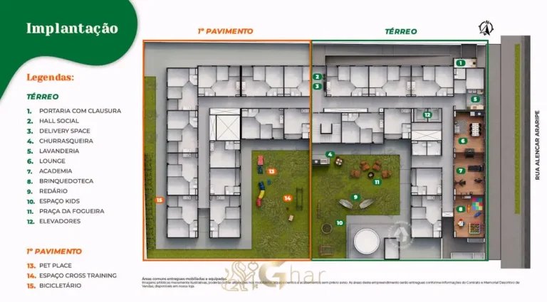 Planta de implantação do térreo e do 1º pavimento em apartamentos no bairro do Sacomã, São Paulo