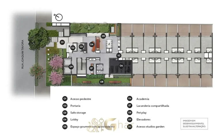 Planta de implantação do térreo em apartamentos no bairro da Vila Mariana, São Paulo