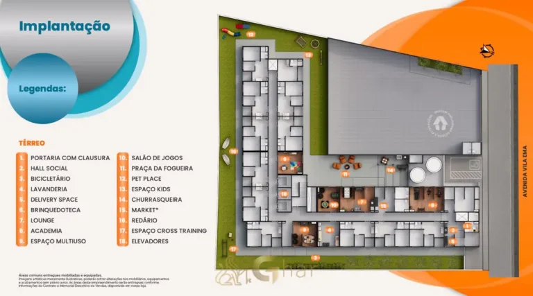 Planta de implantação do térreo em apartamentos no bairro da Vila Ema, São Paulo