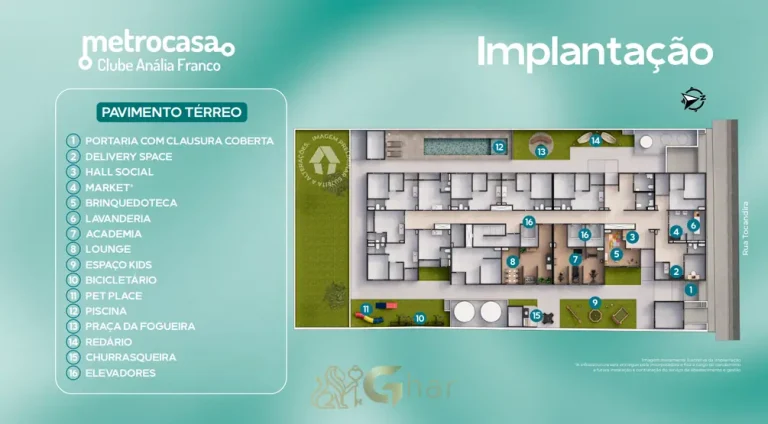 Planta de implantação do térreo em apartamentos no bairro do Jardim Anália Franco, São Paulo