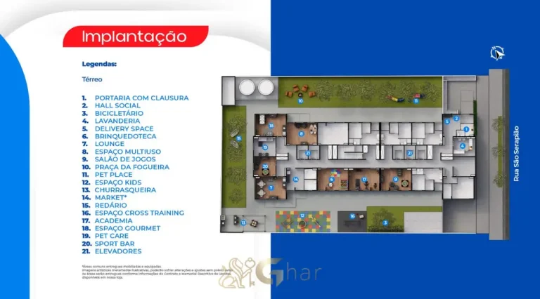 Planta de implantação do térreo em condomínio residencial no bairro do Patriarca, na Zona Leste de São Paulo