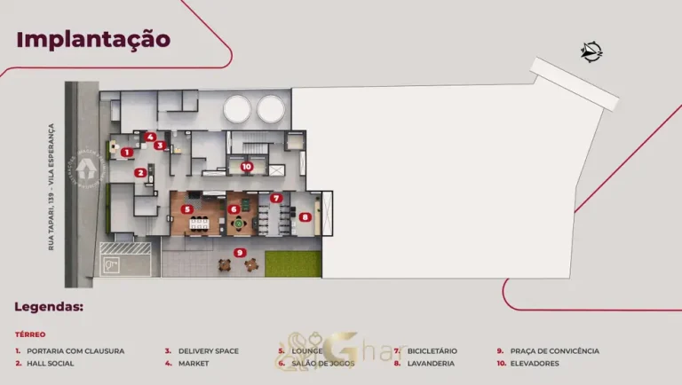 Planta de implantação do térreo do condomínio Metrocasa Guilhermina Esperança no bairro da Vila Guilhermina, São Paulo