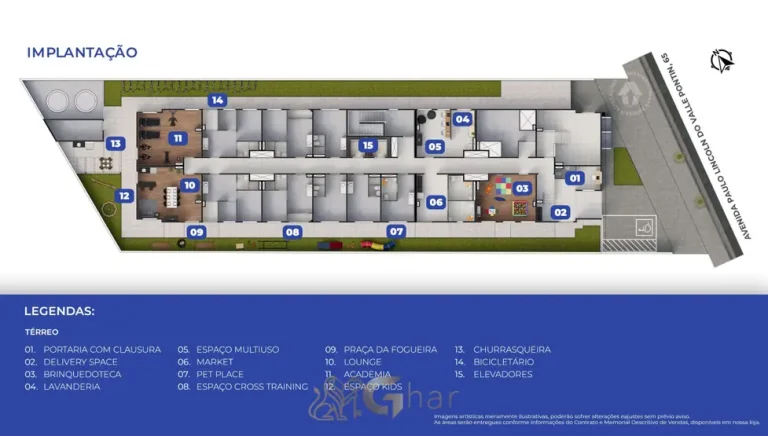 Planta de implantação do térreo do condomínio Metrocasa Jaçanã II no bairro do Jaçanã, São Paulo