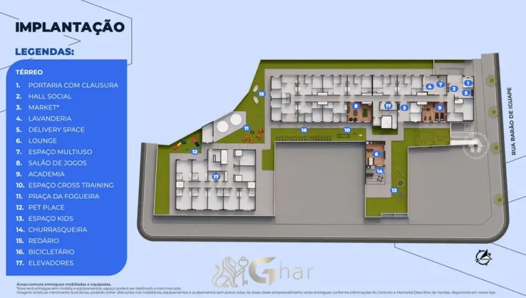 Planta de implantação do térreo em apartamentos no bairro da Liberdade, São Paulo