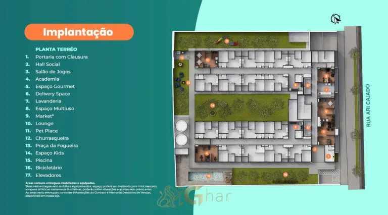 Planta de implantação do térreo do condomínio Metrocasa Parque Independência no bairro do Ipiranga, São Paulo