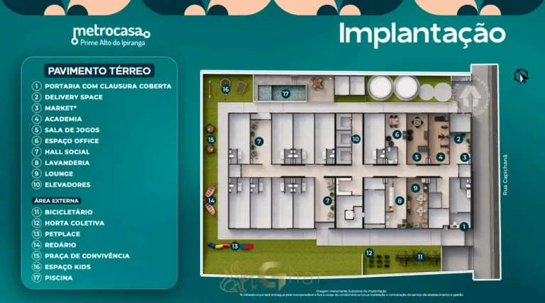 Planta de implantação do térreo do Metrocasa Prime Alto do Ipiranga em São Paulo