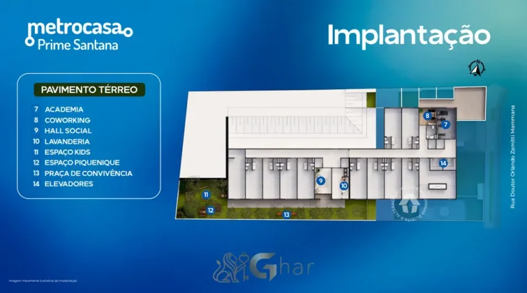 Planta de implantação do térreo em apartamentos no bairro do Mandaqui, São Paulo