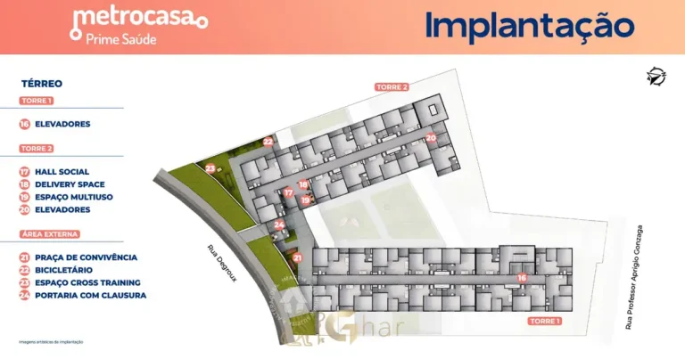 Planta de implantação do térreo em condomínio residencial no bairro da Saúde, na Zona Sul de São Paulo