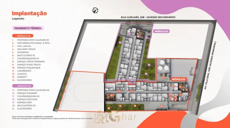 Planta de implantação do pavimento térreo em apartamentos no bairro da Vila Ema, São Paulo