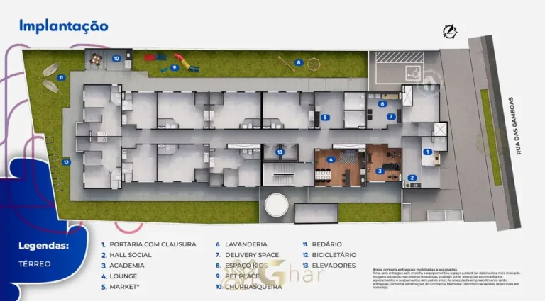 Planta de implantação do térreo do condomínio Metrocasa Tucuruvi no bairro do Tucuruvi, São Paulo