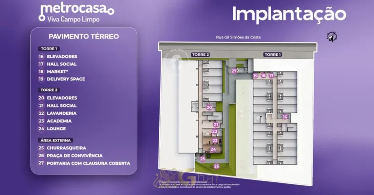 Planta de implantação do térreo em condomínio residencial no bairro do Campo Limpo, na Zona Sul de São Paulo