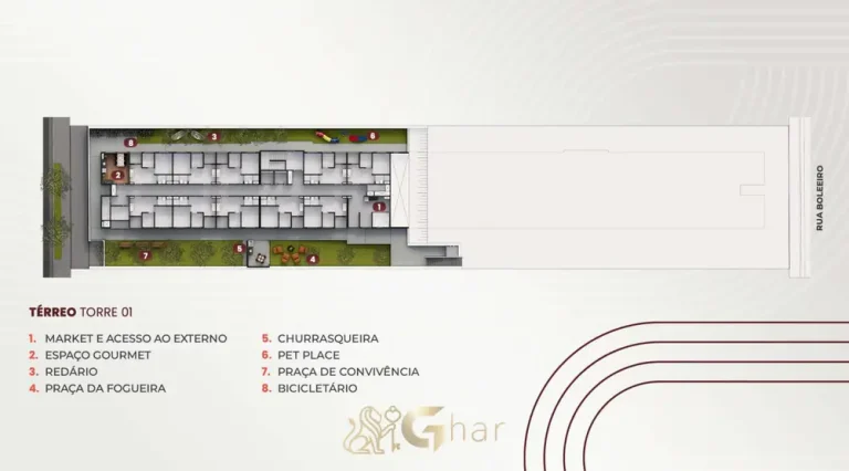 Planta de implantação do térreo em apartamentos no bairro de Itaquera, São Paulo