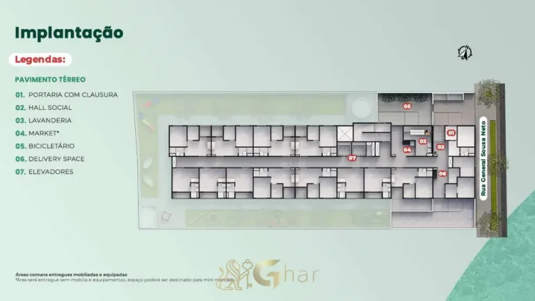 Planta de implantação do térreo do condomínio Metrocasa Viva Penha no bairro da Penha, São Paulo