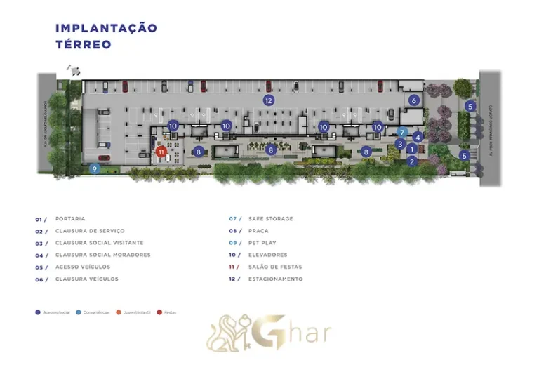 Planta de implantação do térreo em condomínio residencial no bairro do Butantã, na Zona Oeste de São Paulo