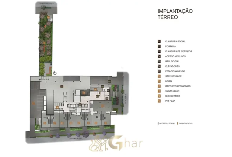 Planta de implantação do térreo em apartamentos no bairro do Ibirapuera, São Paulo