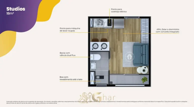 Planta do studio de 18 m² do condomínio Metrocasa Estação Vila das Belezas no bairro da Vila das Belezas, São Paulo