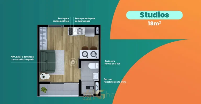Planta do studio de 18 m² do condomínio Metrocasa Parque Independência no bairro do Ipiranga, São Paulo