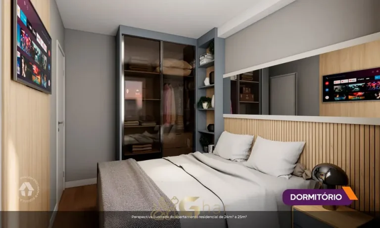 Quarto do apartamento decorado do condomínio Metrocasa Alto da Boa Vista no bairro do Alto da Boa Vista, São Paulo