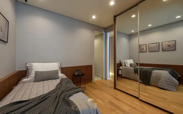 Dormitório planejado do apartamento decorado do condomínio Joaquim no bairro do Brooklin, São Paulo
